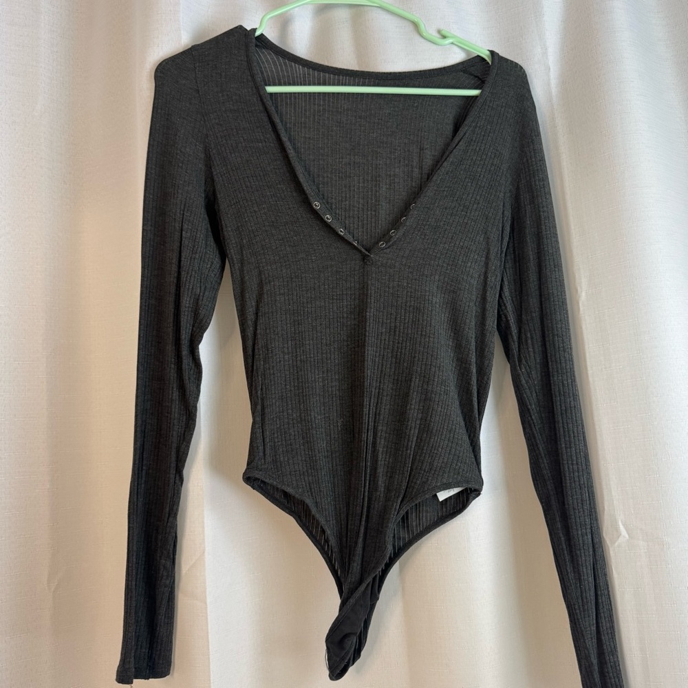 Aerie Charcoal Long Sleeve V-Neck Bodysuit